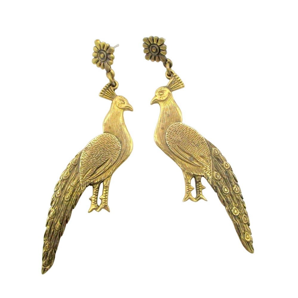Jeep Collins Vintage Peacock Brass Dangle Ornate Earrings RARE